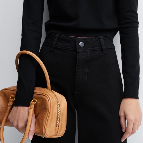 Mango Catherine Black Wide Leg Jeans High Rise Raw Hem Cotton Blend - Picture 11 of 13